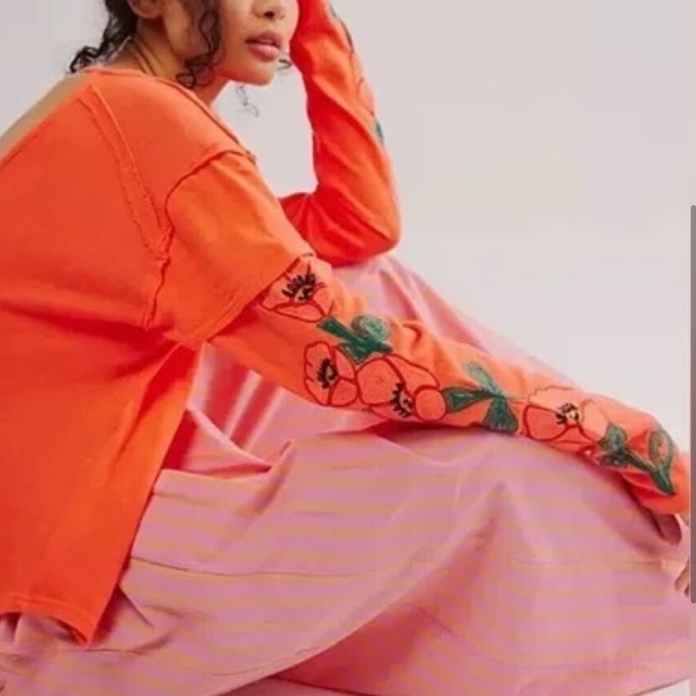 NWOT FREE PEOPLE Not your poppy’s embroidered orange Top SZ: L - Picture 3 of 7